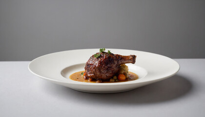 Single Mechoui Lamb Shank in Michelin-Style with Copy Space in White and Gray for Gourmet Presentation