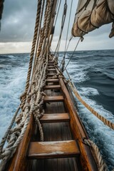 Obraz premium A wooden ship's deck with ropes, navigating through turbulent waters.