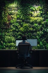 Office space featuring a vertical garden filled with greenery, enhancing employee wellbeing and workplace atmosphere.