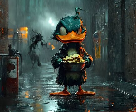 a dirty haunted duck doll carrying food Cute 3D cartoon character