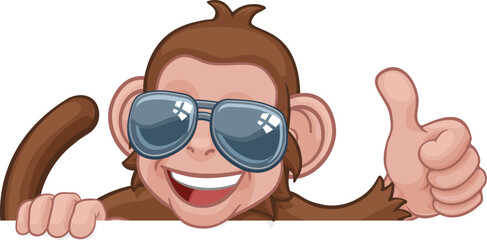 Fototapeta premium A monkey cool cartoon character animal wearing sunglasses peeking over a sign and giving a thumbs up
