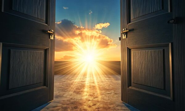 The door is open and the sun is shining through it