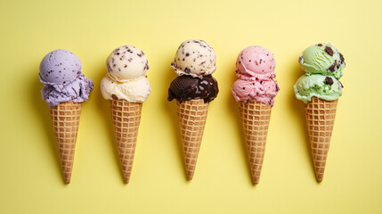 5 double gourmet scoop flavor ice cream cones on plain yellow studio background