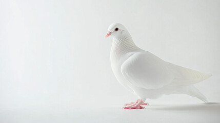 Obraz premium Elegant white dove stands gracefully on a soft white background, highlighting its pure plumage and delicate features in serene simplicity.
