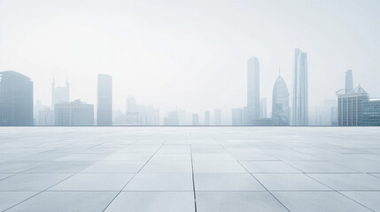 Vast urban skyline with modern skyscrapers shrouded in mist, viewed from a wide, empty tiled rooftop, evoking a sense of serenity and space in the bustling city.