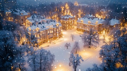 Fototapeta premium Snowy Cityscape with Christmas Lights