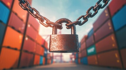 Large rusted padlock with chains in front of blurred shipping containers