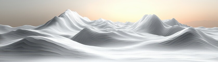 Obraz premium A serene, snow-covered mountain landscape with soft, undulating peaks under a pale sky at dawn, evoking tranquility and natural beauty.