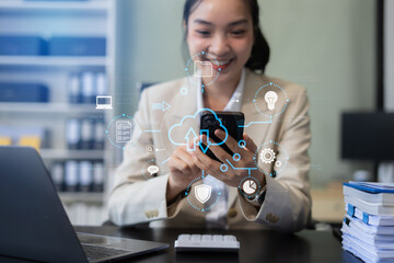 Woman is using a smartphone and tablet to access the cloud computing system, Storage and data transfer Cloud network, Cloud technology.