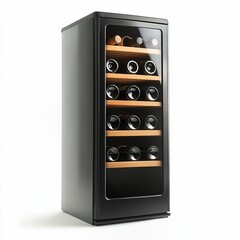A slim-profile wine cooler with two compartments, each adjustable to different temperatures , isolated on a white background , High quality , No blur