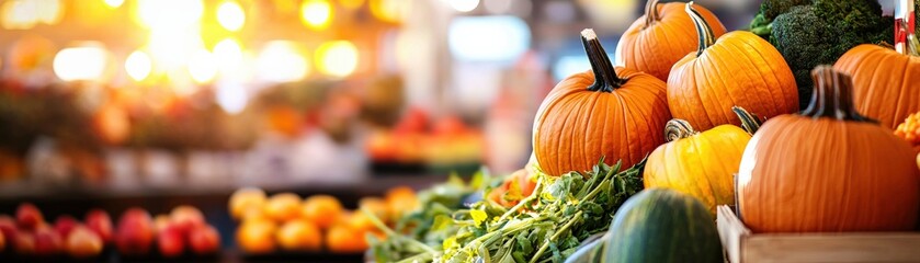 A vibrant market stall displaying pumpkins and colorful fresh vegetables in a lively, warm setting