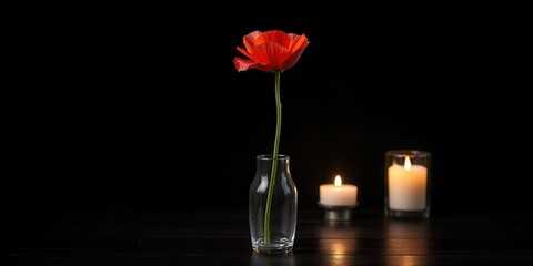 A single red poppy flower in a clear glass vase stands tall against a black background, illuminated by the soft glow of two candles.