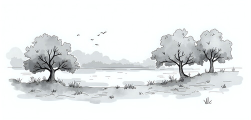 landscape with trees, water and birds on a white background