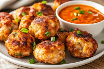 Savory meatballs served with a spicy dipping sauce and garnished with green onions