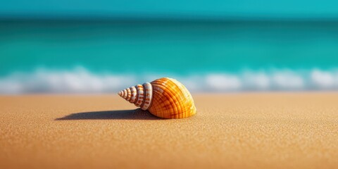 Obraz premium A close-up of a beautifully patterned shell resting on golden sand with tranquil turquoise waves in the background.