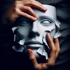 83 Unmasking A face peeling away layers of paper to reveal its t