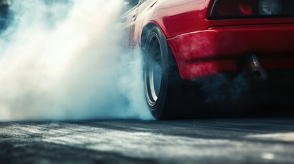 A close-up of a drift car's exhaust and rear tires, smoke billowing as it roars down the track