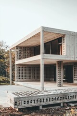 A modern house under construction with concrete blocks and bricks, showcasing sleek design amidst a tranquil natural setting.