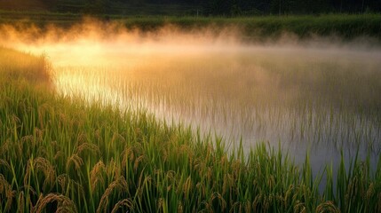 Misty morning over a serene rice field by a tranquil water body.