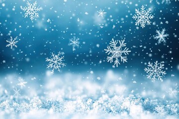 A serene winter scene with falling snowflakes against a blue background.