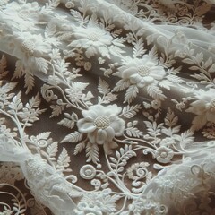 50 White Lace Fabric with Embroidered Flowers A piece of white l