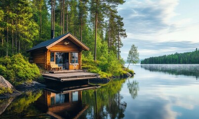 Tranquil lakeside cabin surrounded by lush trees and calm waters.