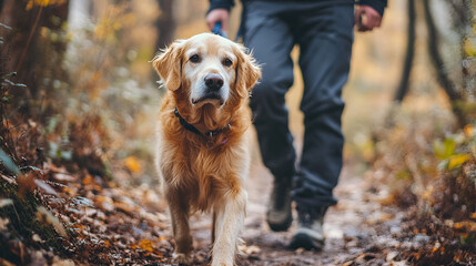 Golden Retriever Hiking in Autumn Woods
