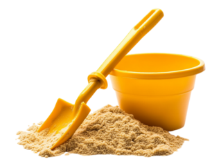 Bucket and shovel filled with beach sand against transparent background