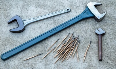 A collection of tools including wrenches, a hammer, and toothpicks.