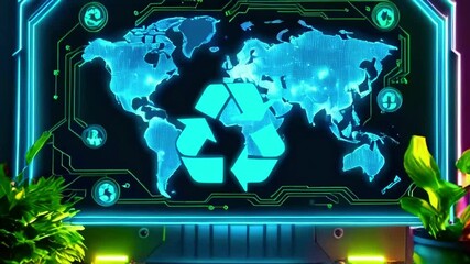 A futuristic display featuring a world map with a recycling symbol, emphasizing sustainability. - Powered by Adobe