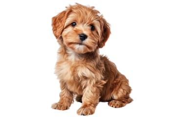 A beautiful happy reddish Havanese puppy dog is sitting upright, looking directly at the camera with bright, playful eyes and a slight tilt of its head. The fluffy fur is well-groomed