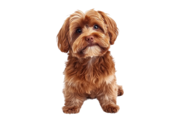 A beautiful happy reddish Havanese puppy dog is sitting upright, looking directly at the camera with bright, playful eyes and a slight tilt of its head. The fluffy fur is well-groomed