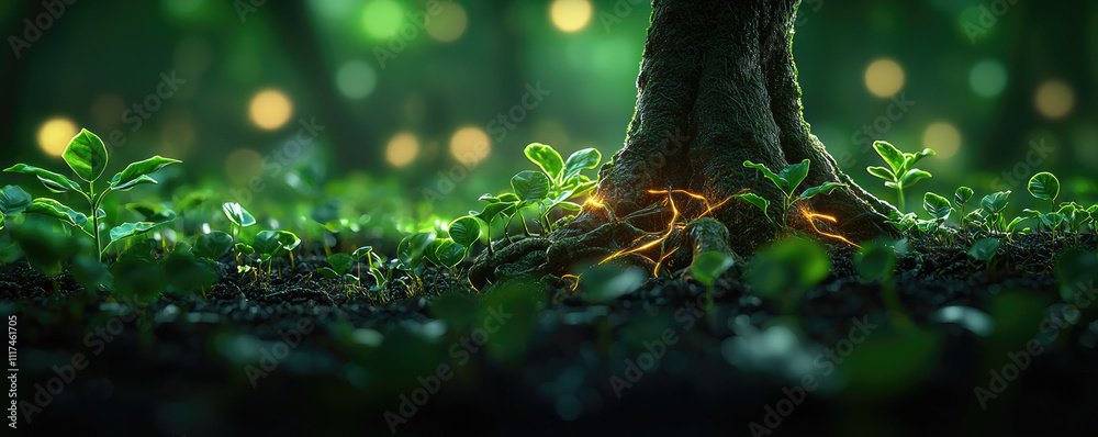 Poster close-up of a tree root surrounded by green plants in a mystical forest environment.