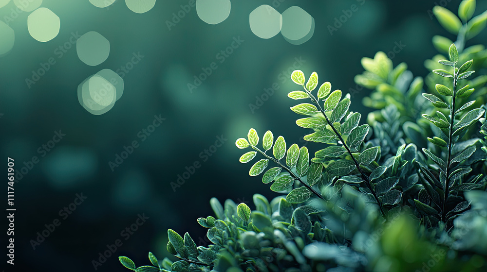 Poster close-up of lush green leaves illuminated by gentle light and soft bokeh background.