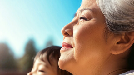 Fototapeta premium Close-up of a serene elderly woman basking in sunlight, with a child nearby, embracing warmth and peaceful outdoor moments. 