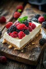 A delicious cheesecake topped with fresh raspberries and blackberries.