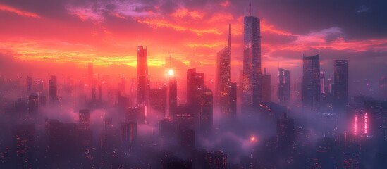 Fototapeta premium Futuristic city skyline at sunset, shrouded in mist.