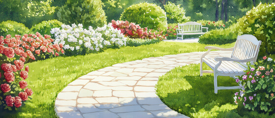 lush garden path surrounded by vibrant roses and blooming flowers invites tranquility and beauty