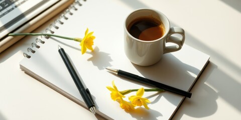 A blank notebook with a pen and daffodils resting next to a cup of coffee, ready for a new day of writing and inspiration.