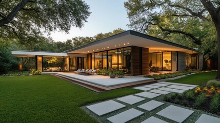 Modern Home with Expansive Patio and Lush Landscaping