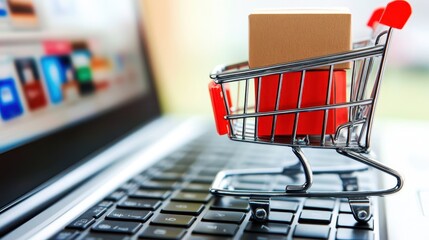 Miniature shopping cart with package on laptop keyboard, online shopping concept.