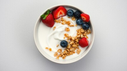 A white bowl filled with yogurt, granola, strawberries, and blueberries, offering a healthy and delicious breakfast option