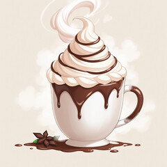 Hot Chocolate with Whipped Cream on Solid Beige Background