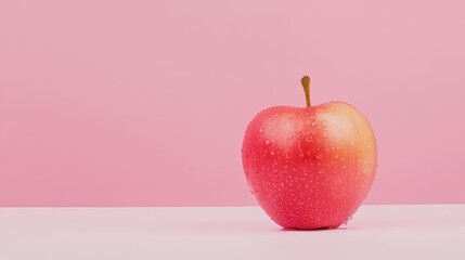 ripe red apple glistening with fresh dew on pink background