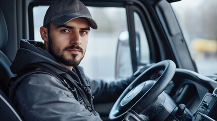 Young Caucasian male driver sitting in a truck, wearing a cap and jacket, gazing confidently out the window. The background is blurred, suggesting motion.