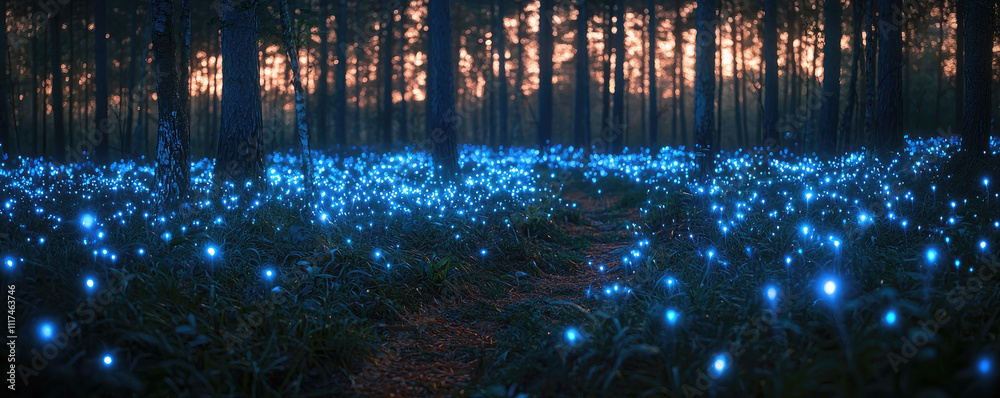 Poster enchanted forest filled with glowing blue flowers at twilight, creating a magical atmosphere.