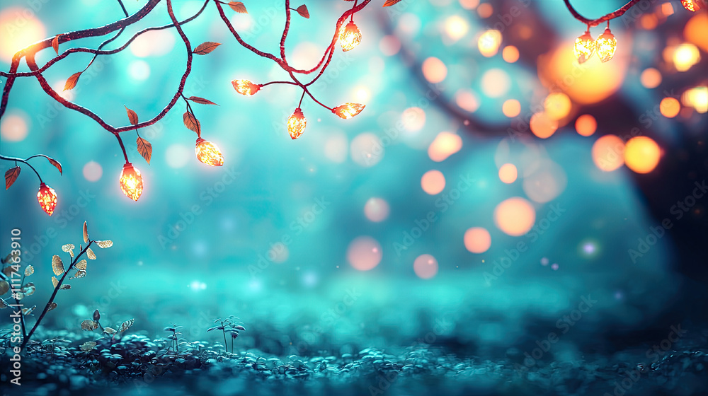 Aufkleber enchanting bokeh lights illuminate leaves in a dreamy, tranquil forest setting.