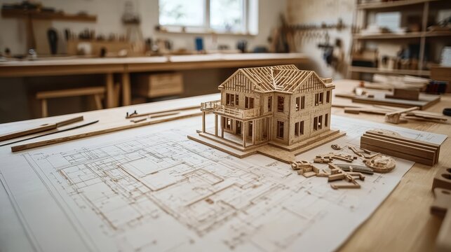 Miniature wooden house model on blueprints in a carpentry workshop.
