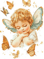 Fototapeta premium Charming Vintage Angelic Child with Wings Resting on a Cloud in Serene Dreamlike Setting