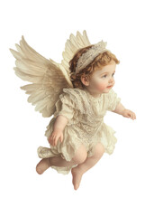 Fototapeta premium Adorable Cherubic Angel with Wings in Vintage Lace Outfit Floating Gracefully Against a Soft Background